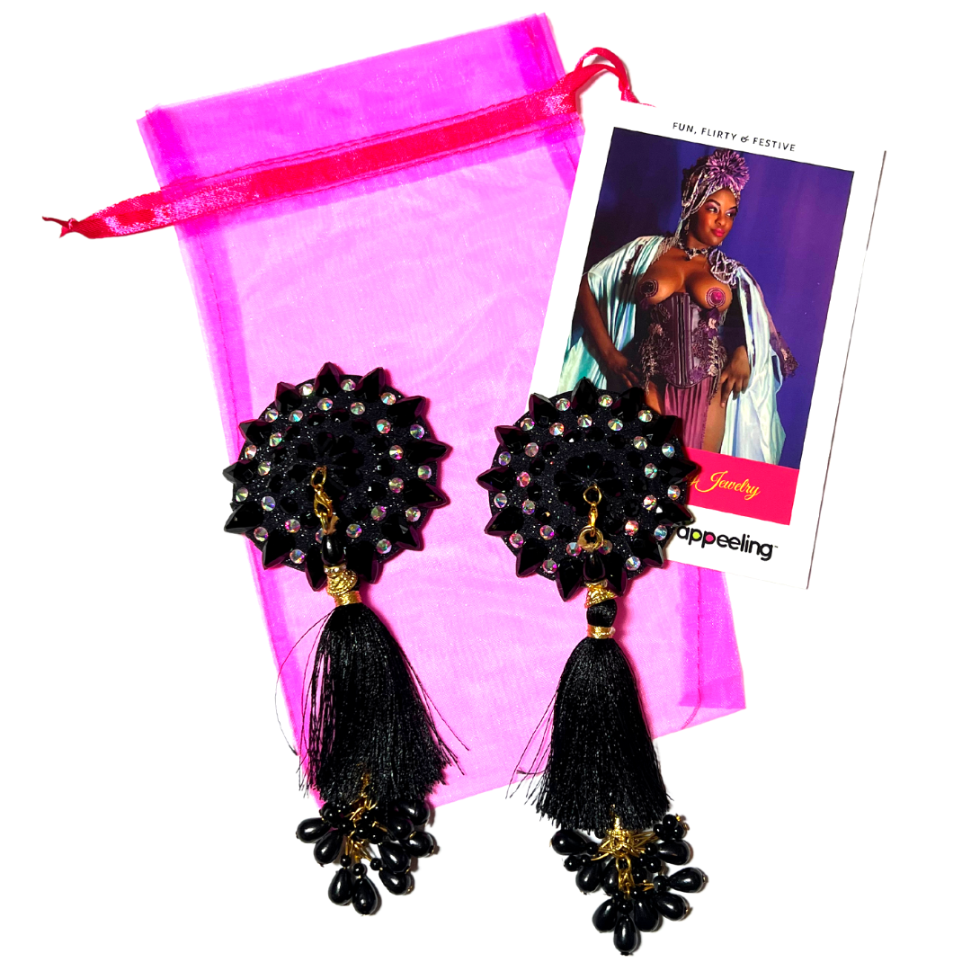 POUSSÉ CAFÉ Pâte à tétons noir et cristal, cache-tétons (2 pièces) avec pompons en perles pour festivals de lingerie, carnaval, rave burlesque