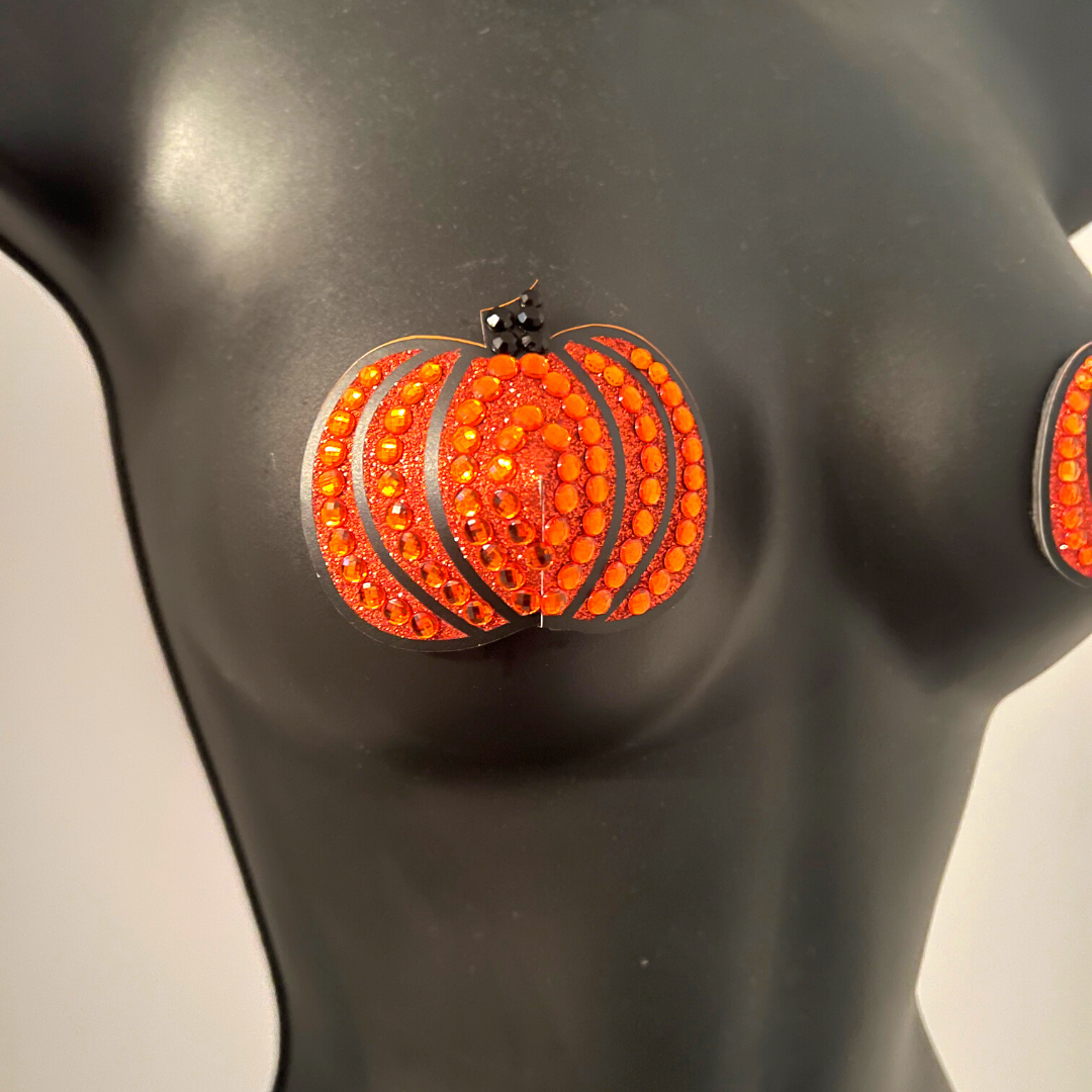 CUTIE PIE Pumpkin Glitter & Crystal Intricate Nipple Pasties, Covers (2pcs) for Burlesque Raves Lingerie Raves and Festivals