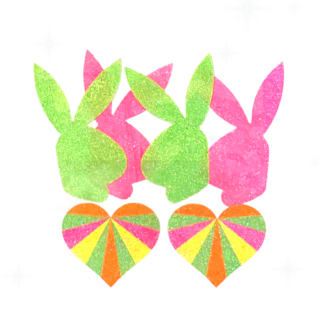 NEON LOVE PAQUETE ¡3 pares por 1 precio! Pasteles de pezón con forma de conejito y corazón con purpurina de neón para raves, festivales, lencería burlesca, orgullo y carnaval – OFERTA