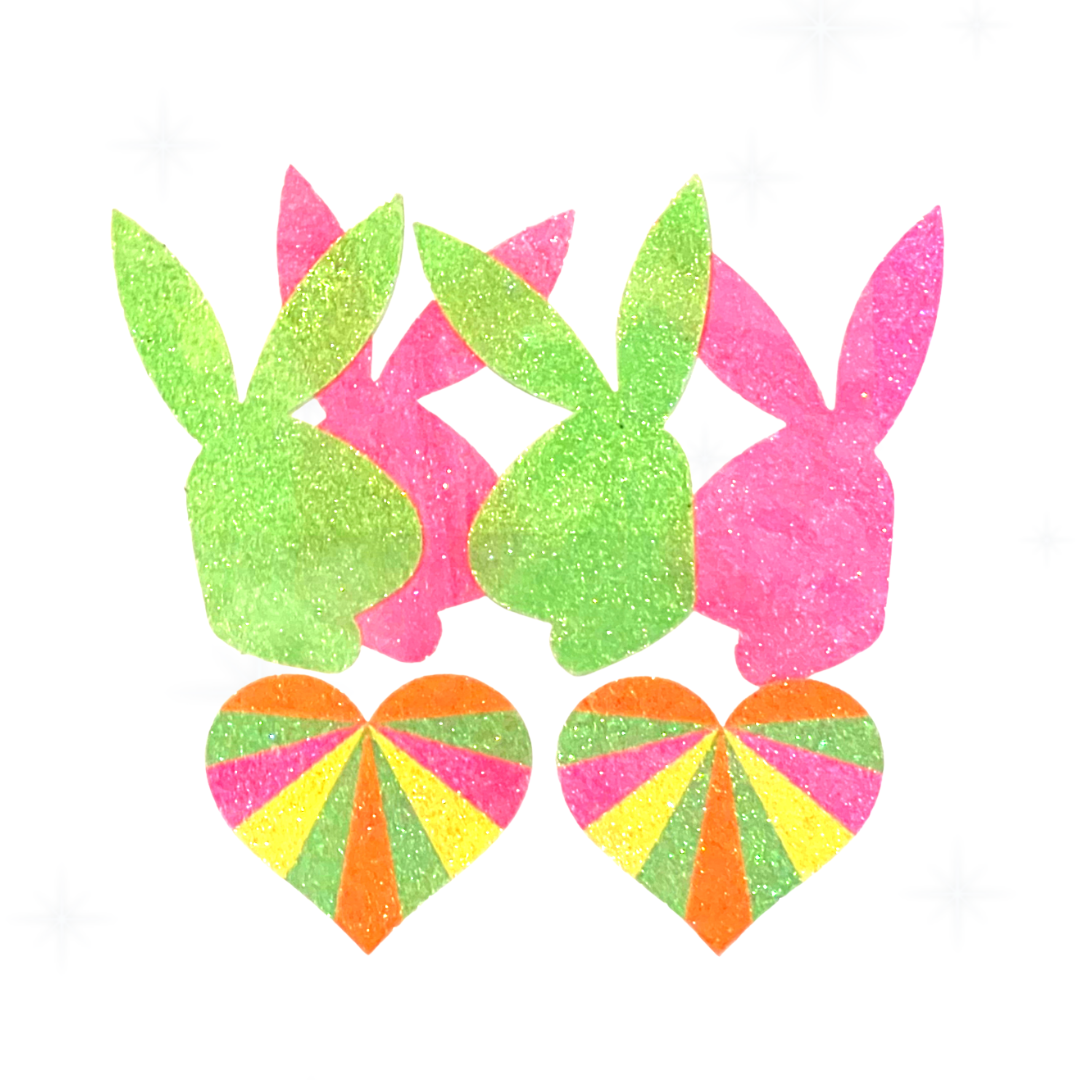 NEON LOVE BUNDLE 3 pairs for 1 price! Neon Glitter Bunny and Heart Nipple Pasties for Raves, Festivals Burlesque Lingerie Pride and Carnival