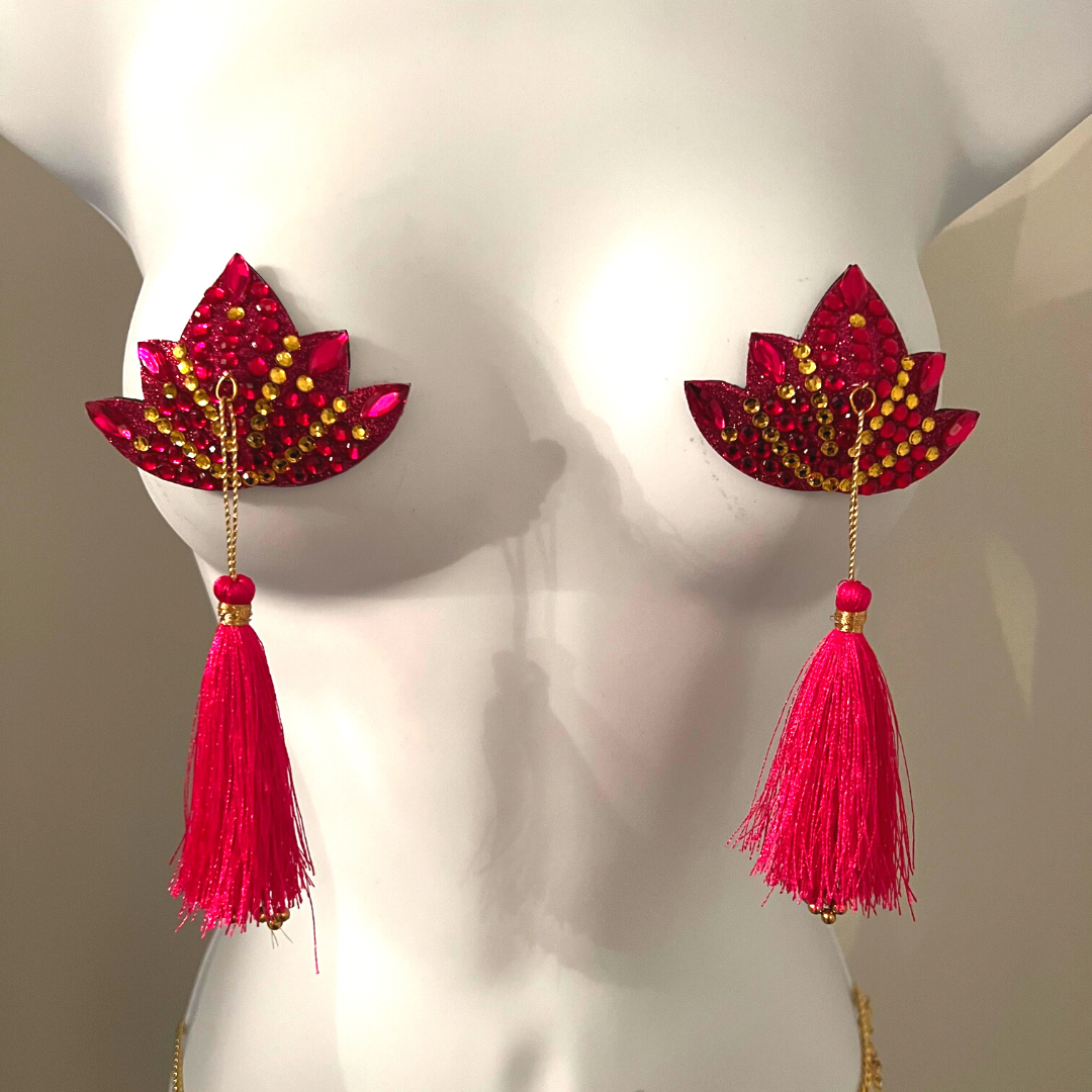 THE PINK LOTUS Pink Lotus Flower Nipple Pasty, Nipple Cover (2pcs) avec glands perlés roses et dorés pour lingerie Carnival Burlesque Rave