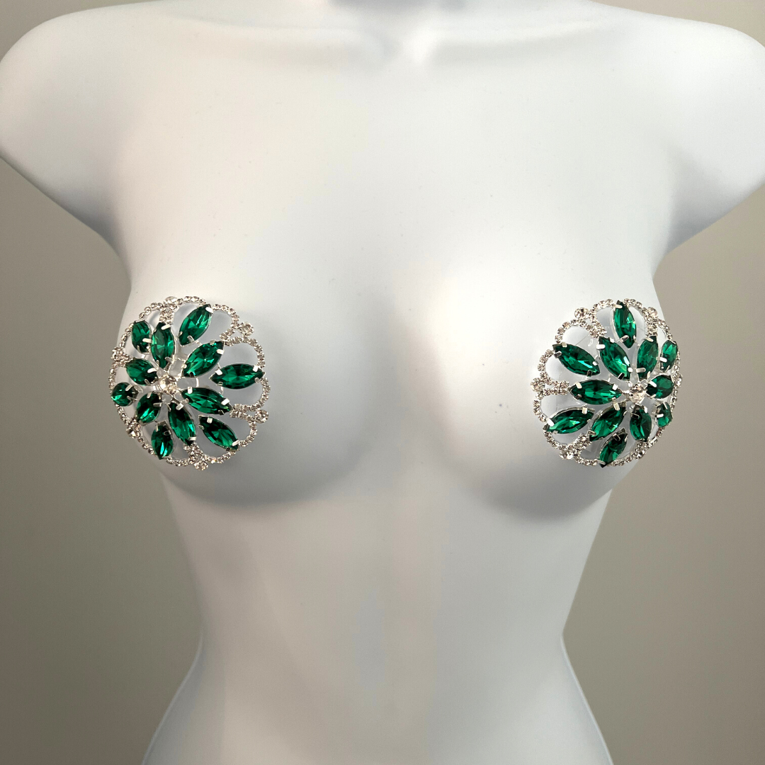 JADE IN HEAVEN - Rhinestone & Emerald Floral Shape Nipple Pasties (2 pcs), Covers for Festivals, Carnival Raves Burlesque Lingerie