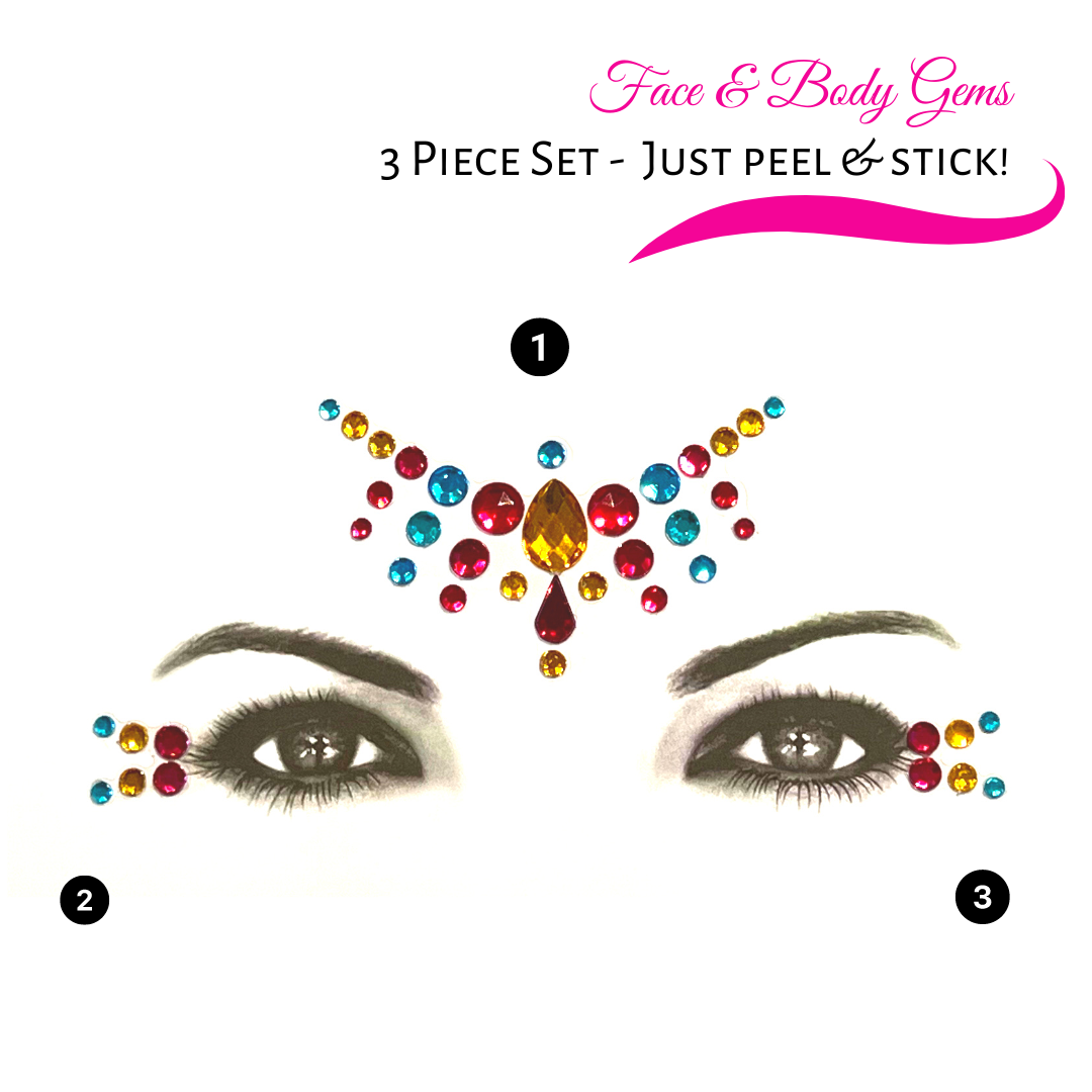 Raindrop Design (Pink, Yellow & Blue) Face and Body Gems - Self Stick and Easy to Wear