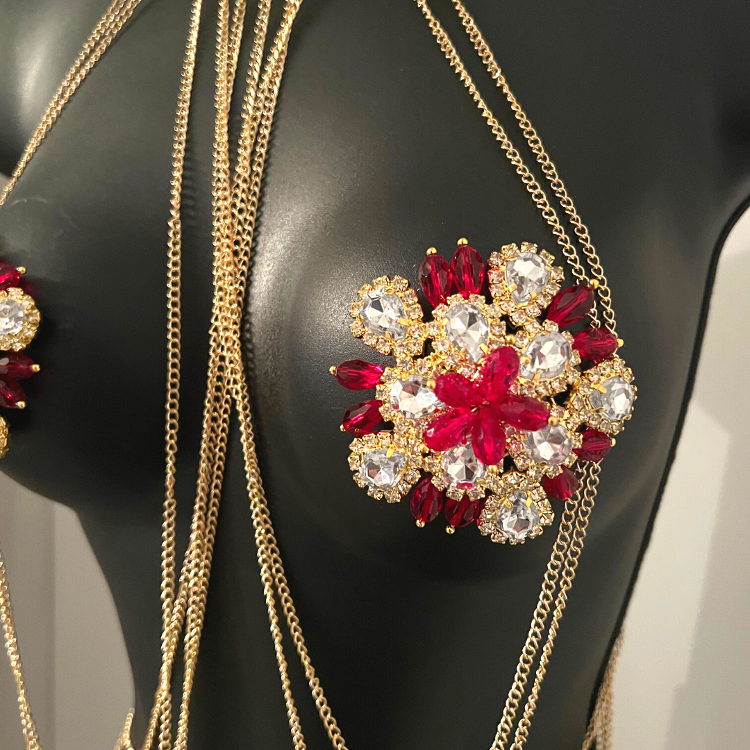 ROSY CHEEKS - Strass &amp; Ruby Floral Shape Nipple Pasties, Couvertures pour festivals, Carnival Raves Burlesque Lingerie