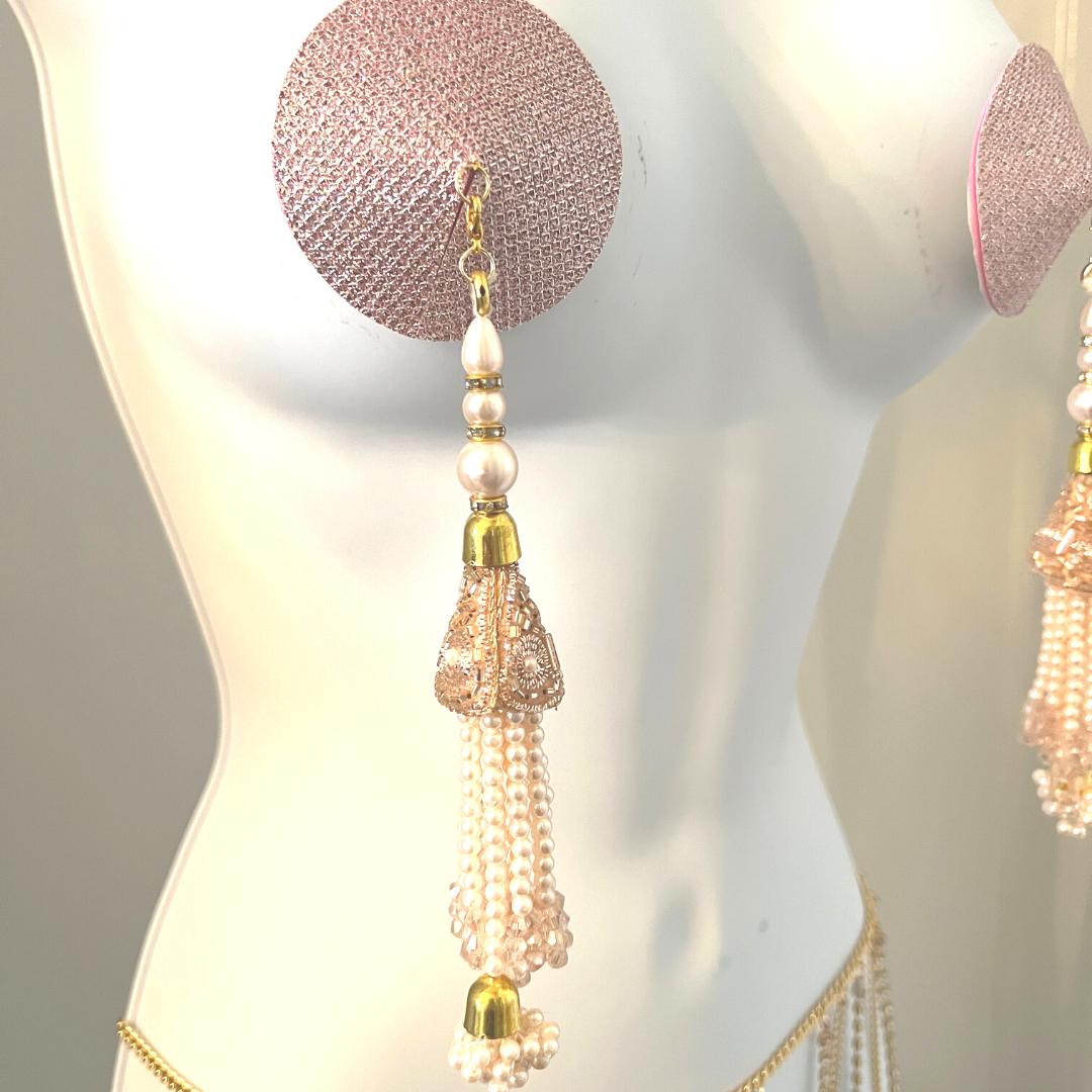 ROSÉ ALL DAY Rose clair Foil &amp; Nipple Pasties, Couvertures avec perles perlées à la main et glands de pierres précieuses (2pcs) Raves et festivals de lingerie burlesque