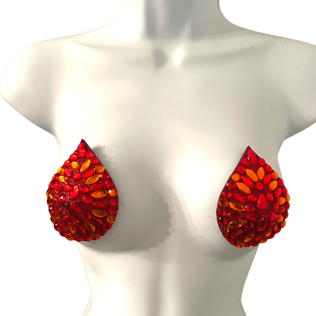 HOT SAUCE Red Glitter and Gem Teardrop Nipple Pasty, Covers (2pcs) for Burlesque Lingerie Raves Carnival and Festivals