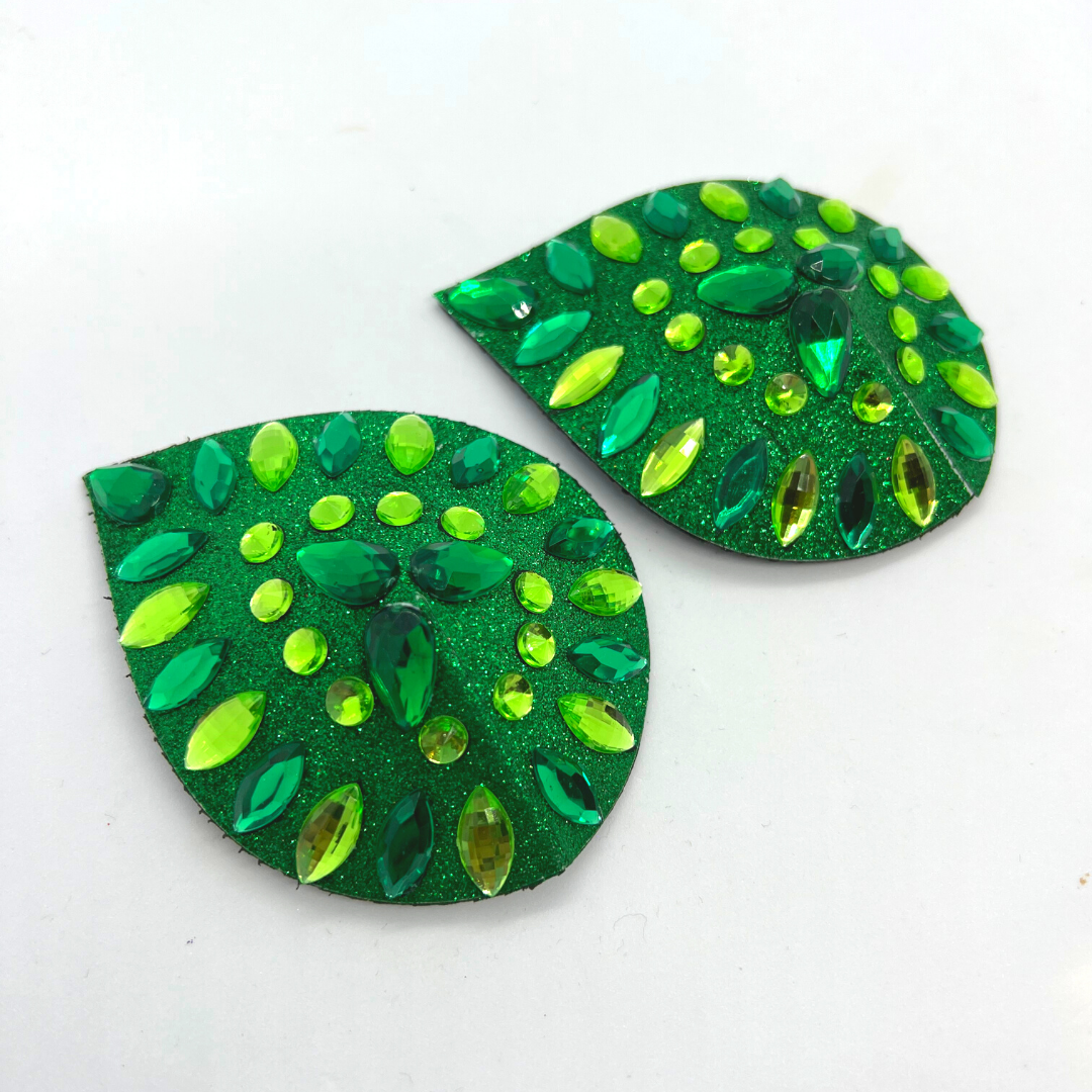 GREEN GODDESS Glitter and Gem Green Teardrop Pasties (2 piezas), cubierta de pezón para festivales de lencería Carnaval Burlesque Rave