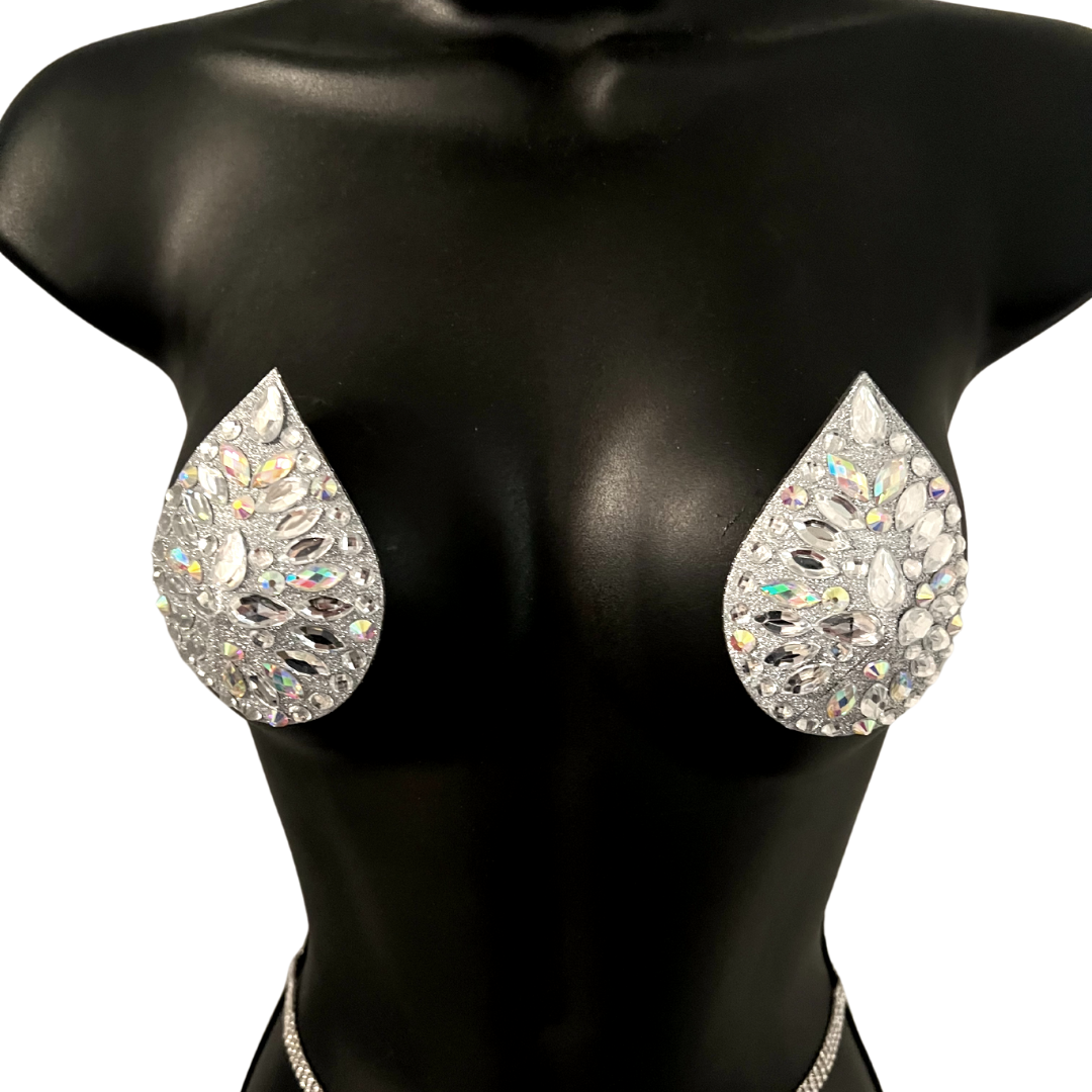 LADY GODIVA Glitter and Gem Silver &amp; Iridescent Teardrop Nipple Pasty, Couverture pour les festivals de lingerie Carnaval Burlesque Rave