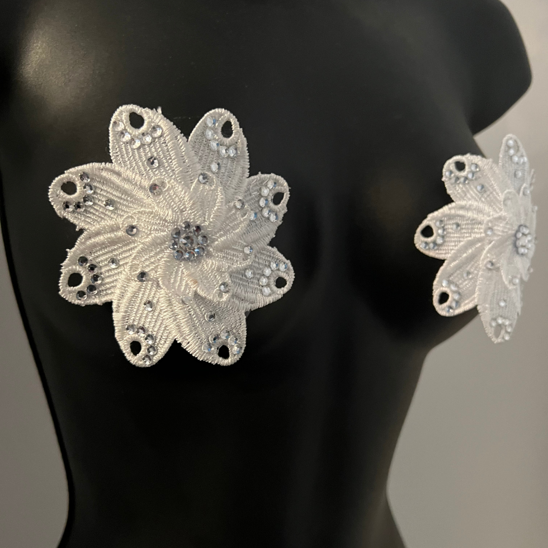 LOVELACE White Lace Flower with Crystals Nipple Pasty, Cover for Lingerie Festivals Carnival Burlesque Rave