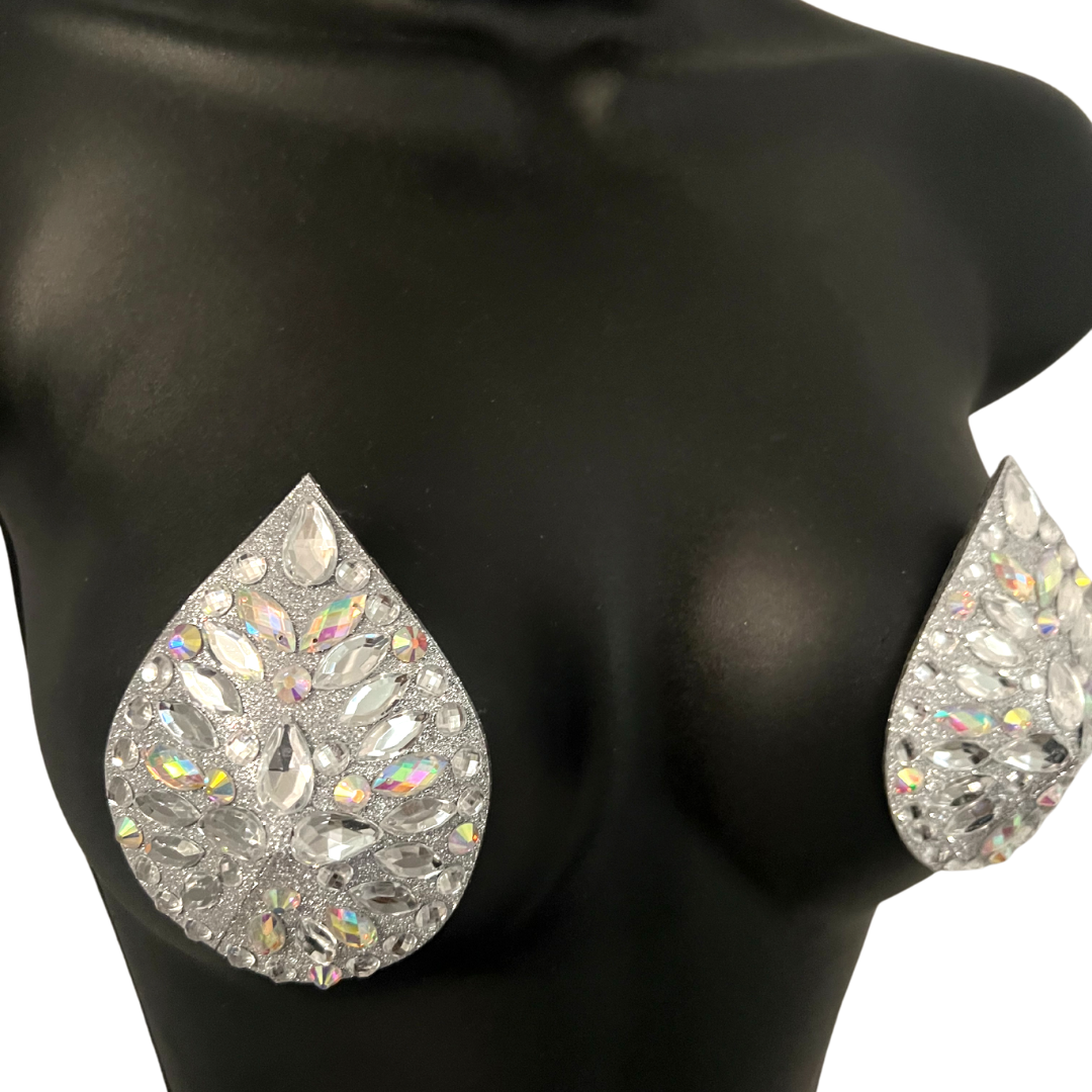 LADY GODIVA Glitter and Gem Silver & Iridescent Teardrop Nipple Pasty, Cover for Lingerie Festivals Carnival Burlesque Rave