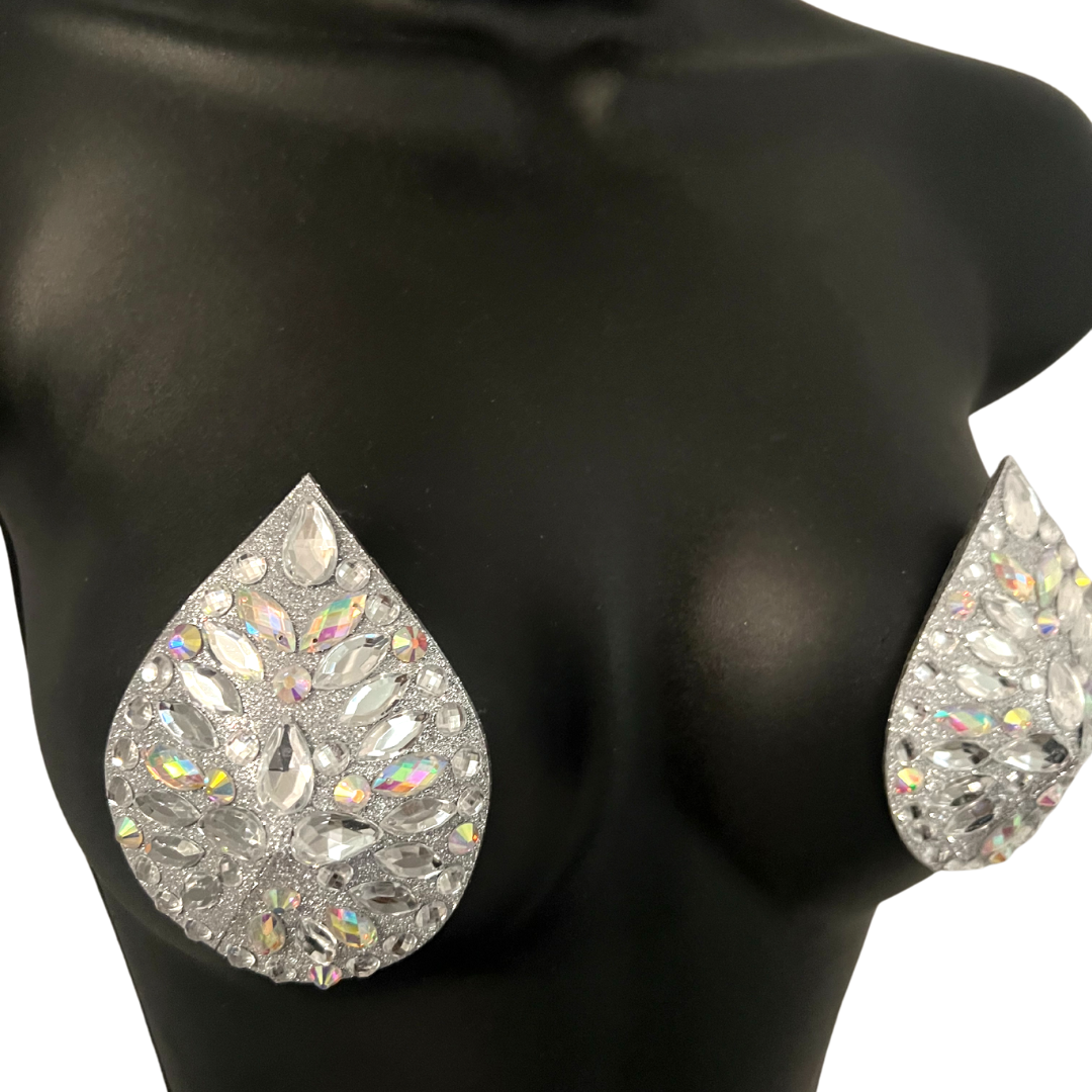 LADY GODIVA Glitter and Gem Silver &amp; Iridescent Teardrop Nipple Pasty, Couverture pour les festivals de lingerie Carnaval Burlesque Rave