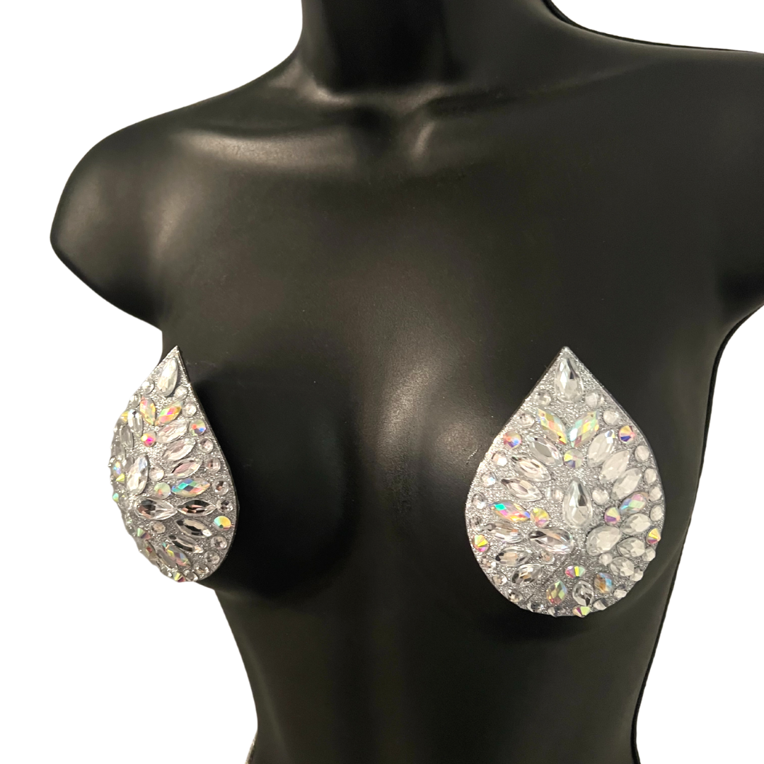 LADY GODIVA Glitter and Gem Silver & Iridescent Teardrop Nipple Pasty, Cover for Lingerie Festivals Carnival Burlesque Rave