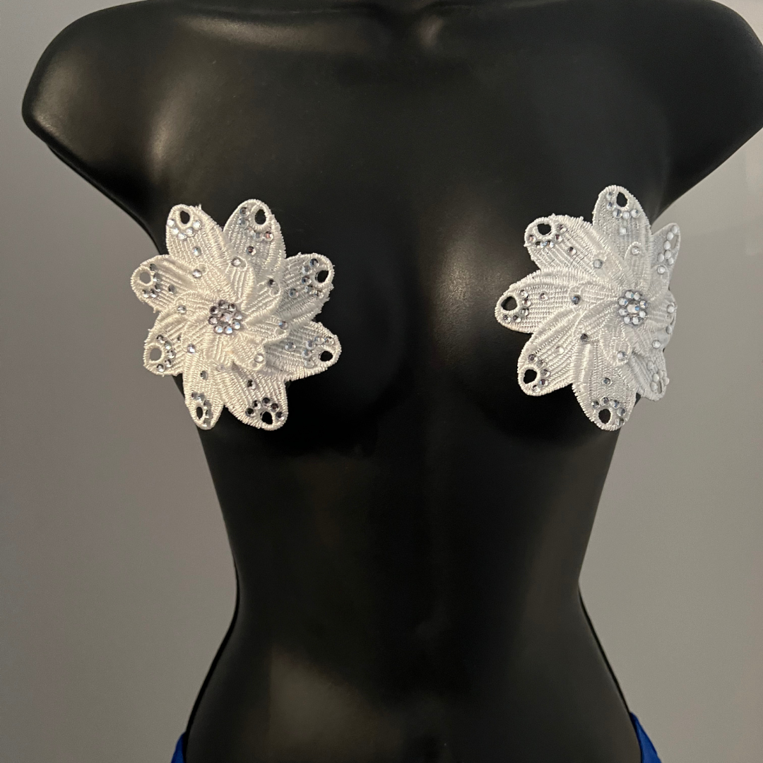 LOVELACE Fleur en dentelle blanche avec cristaux Nipple Pasty, couverture pour les festivals de lingerie Carnaval Burlesque Rave