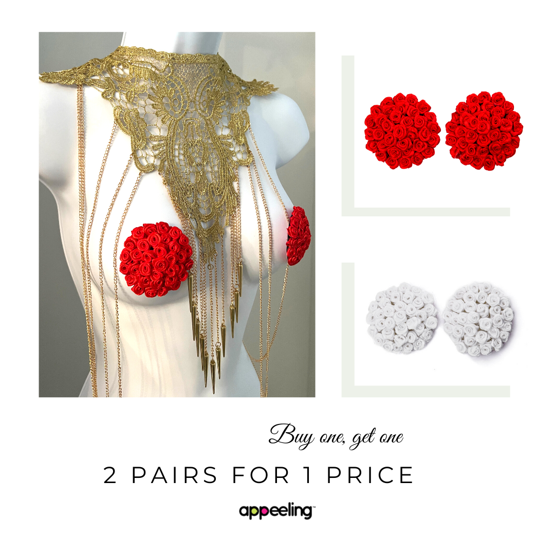 FIFI ROSETTE (2 pairs for 1 price!) - Red, White Rose Nipple Pasty, Cover for Burlesque Lingerie Raves Carnival