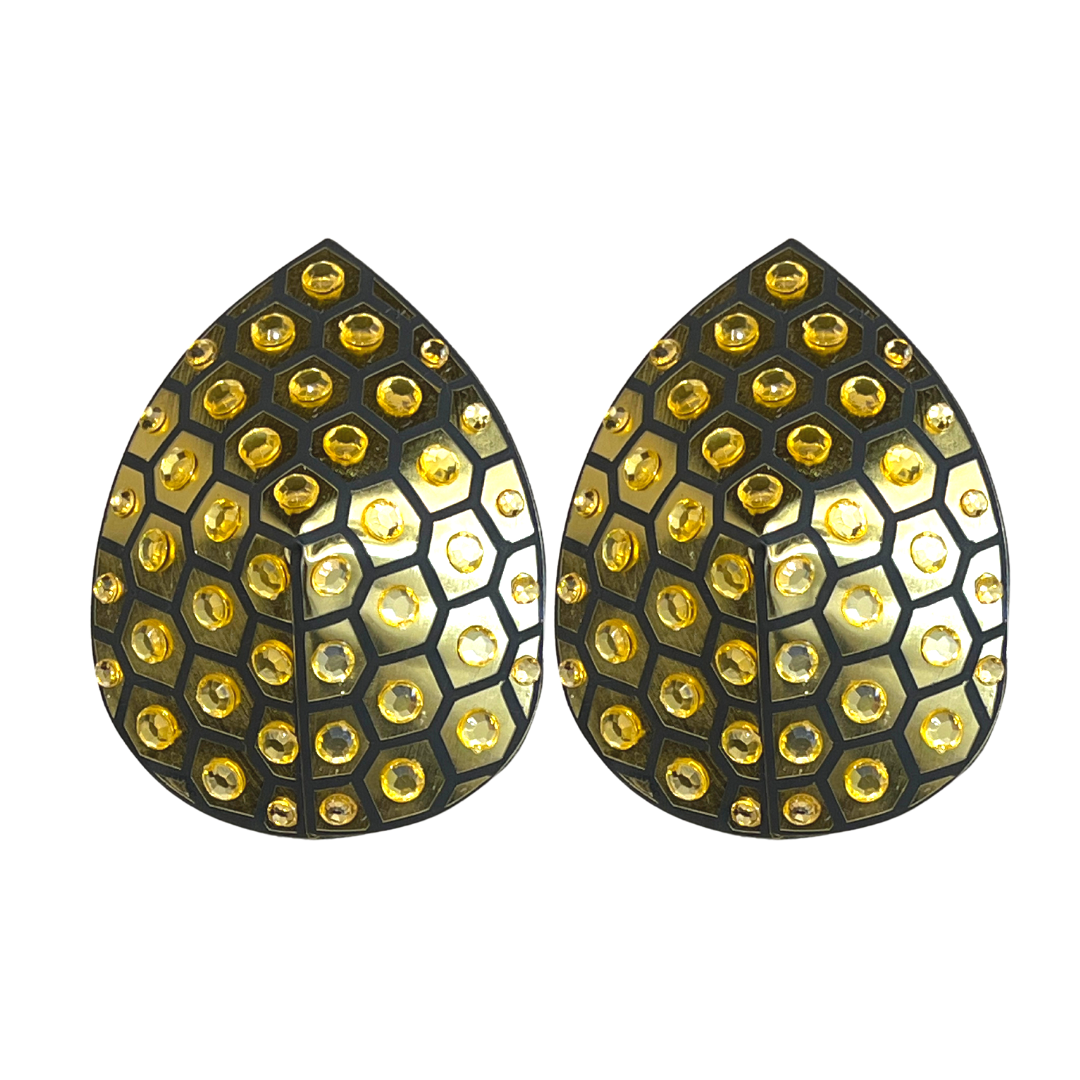 HONEYCOMB Gold Foil & Crystal Nipple Pasties, Covers for Festivals, Carnival Raves Burlesque Lingerie