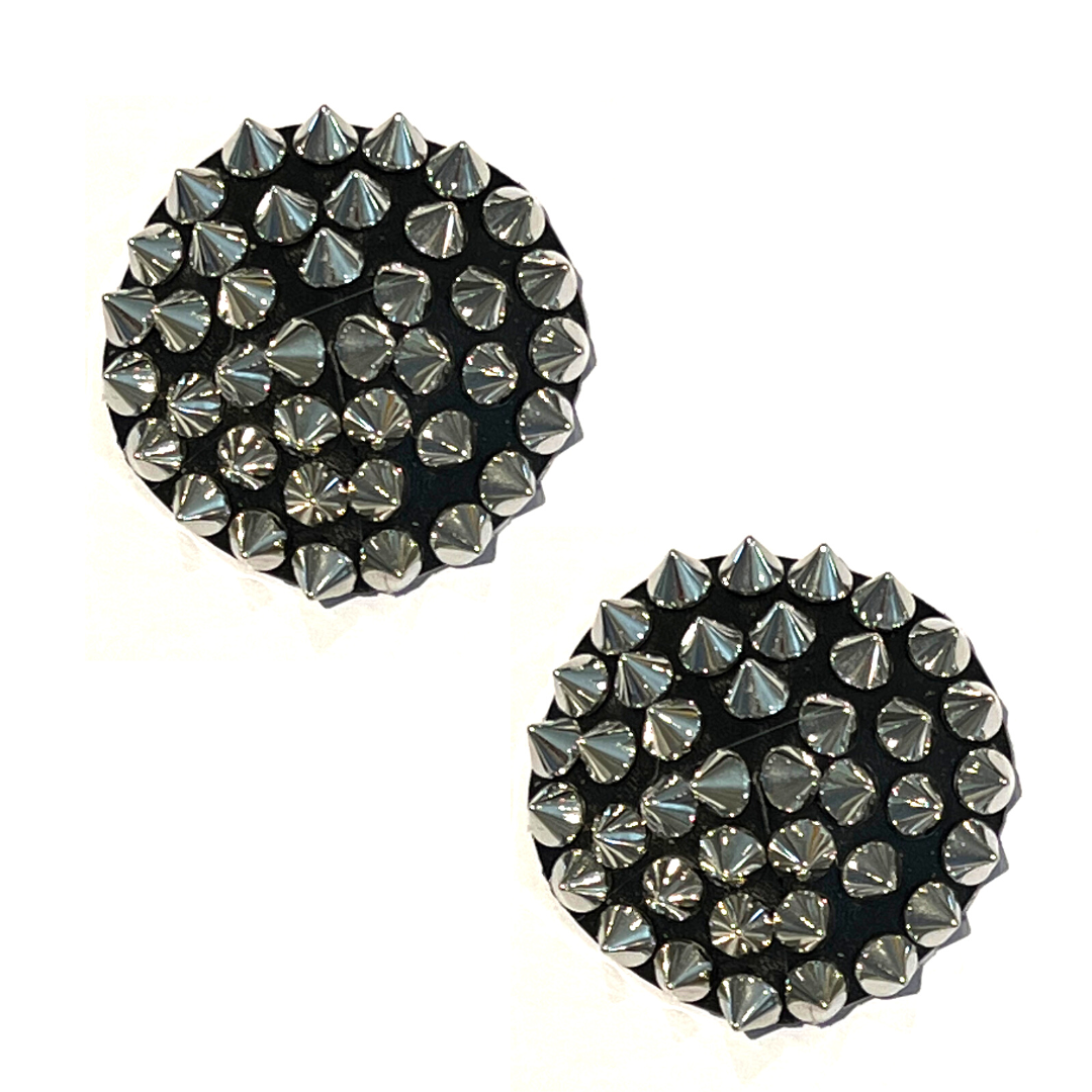 SPIKE Black Vegan Leather with Metal Studs Nipple Pasty, Covers (2pcs) for Burlesque Lingerie Raves and Festivals