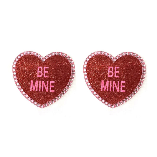 BE MINE - Glitter Heart and Crystals Nipple Covers, Pasties for Burlesque Lingerie Valentine's Festivals