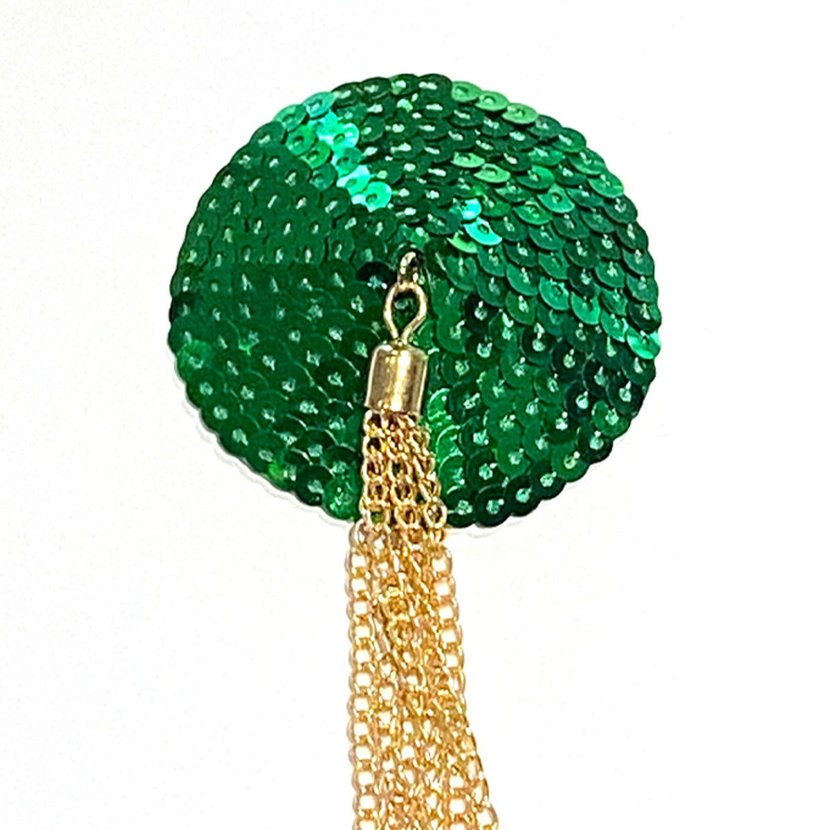 Prancer Green Sequin Nipple Pasty with Gold Chain Tassel for Burlesque Lingerie Raves Festivals